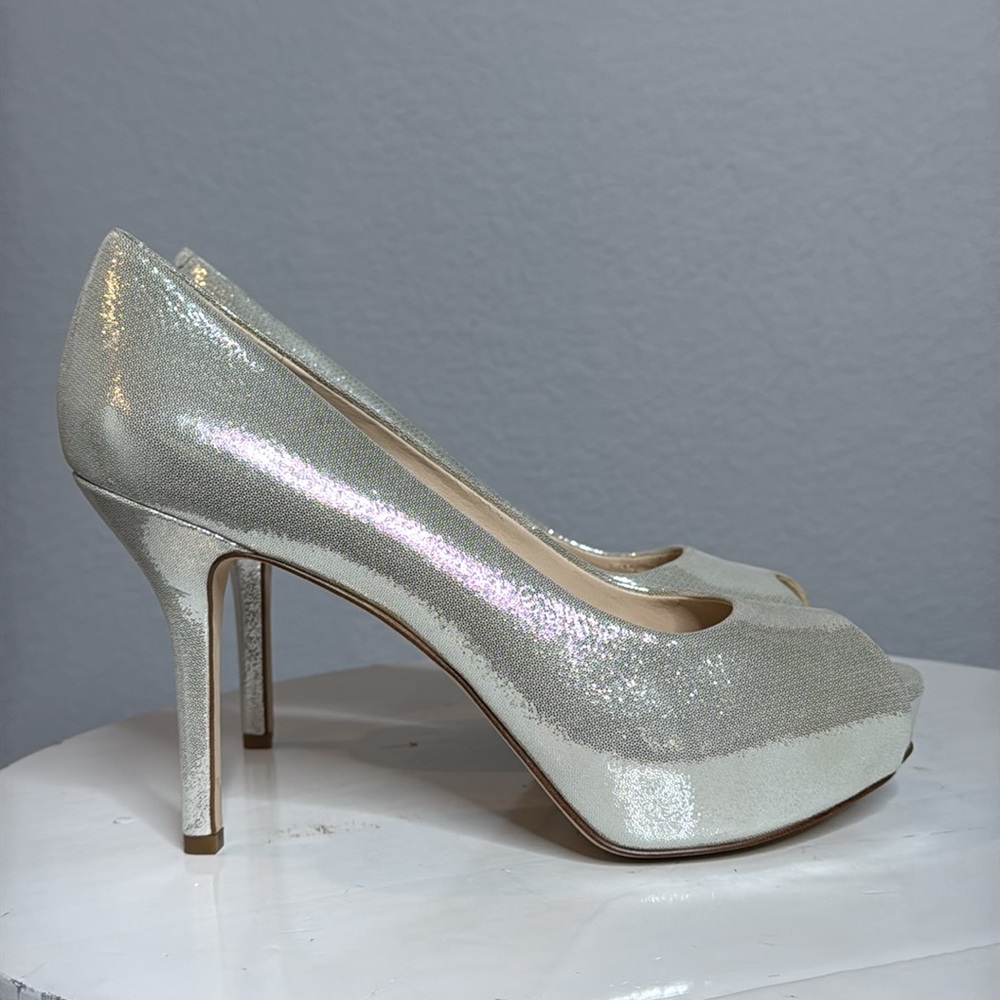 NINE WEST QTPIE METALLIC LEATHER PEEP TOE PLATFORM HEELS - Picture 7 of 15